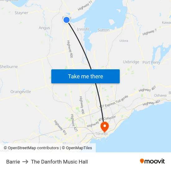 Barrie to The Danforth Music Hall map