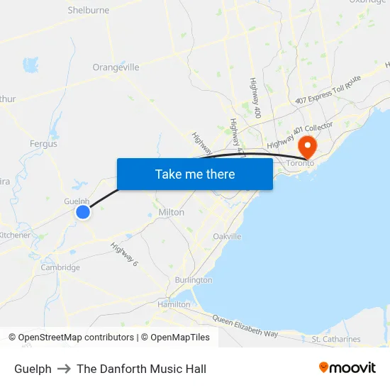 Guelph to The Danforth Music Hall map