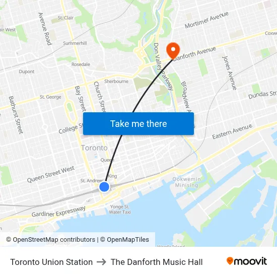 Toronto Union Station to The Danforth Music Hall map