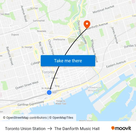 Toronto Union Station to The Danforth Music Hall map