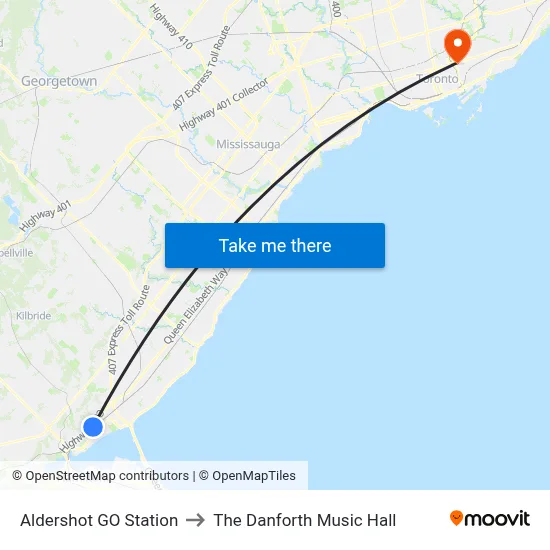 Aldershot GO Station to The Danforth Music Hall map