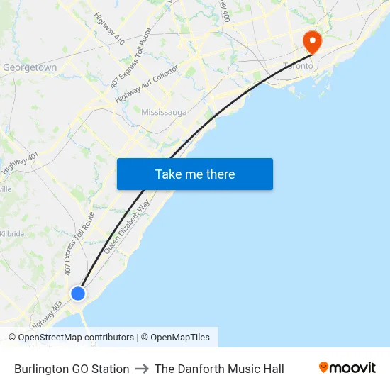Burlington GO Station to The Danforth Music Hall map
