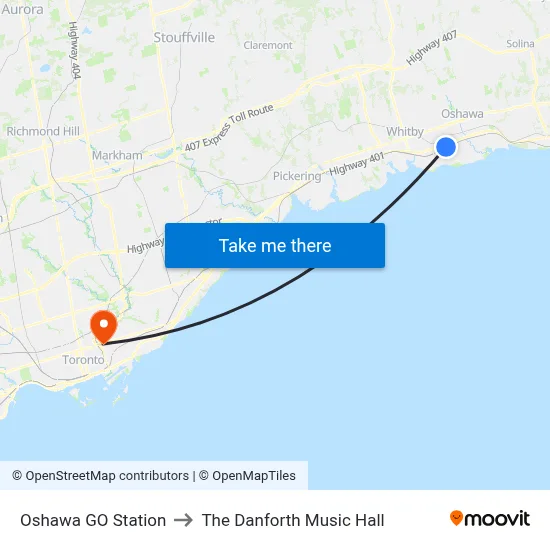 Oshawa GO Station to The Danforth Music Hall map