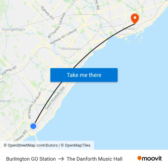 Burlington GO Station to The Danforth Music Hall map