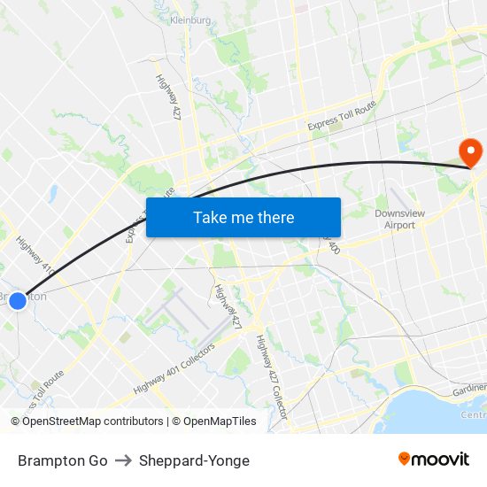 Brampton Go to Sheppard-Yonge map