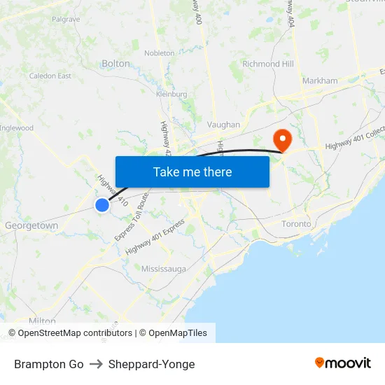 Brampton Go to Sheppard-Yonge map