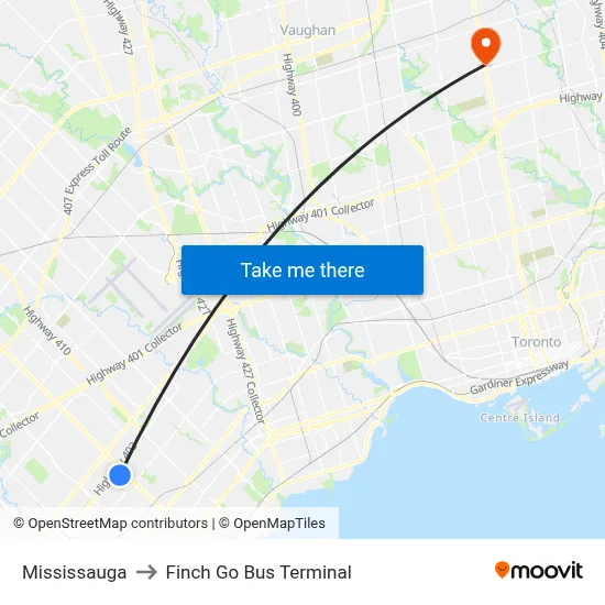 Mississauga to Finch Go Bus Terminal map