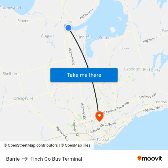 Barrie to Finch Go Bus Terminal map