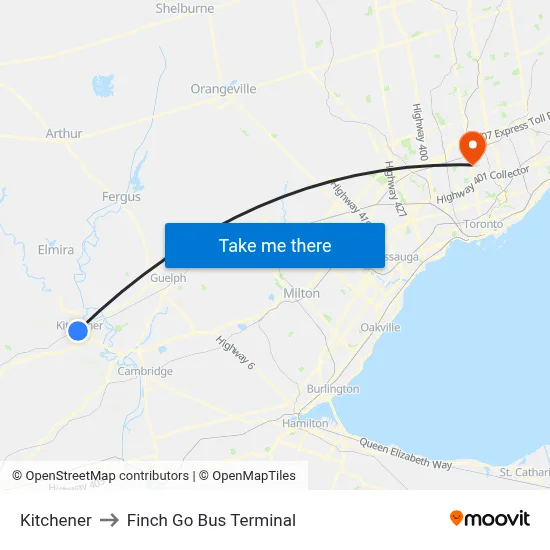 Kitchener to Finch Go Bus Terminal map
