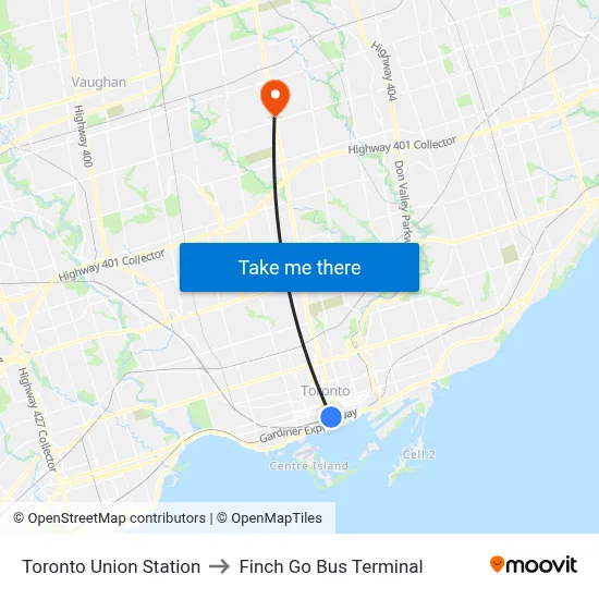 Toronto Union Station to Finch Go Bus Terminal map