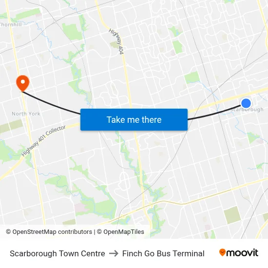 Scarborough Town Centre to Finch Go Bus Terminal map