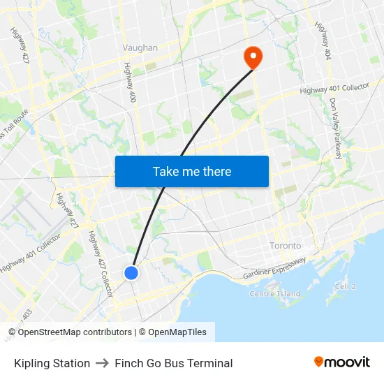 Kipling Station to Finch Go Bus Terminal map