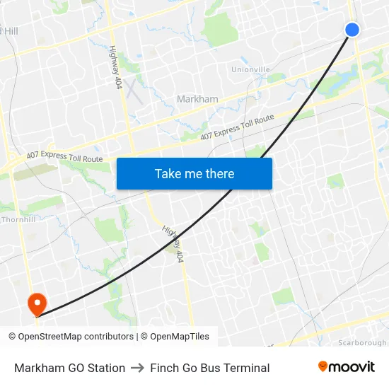 Markham GO Station to Finch Go Bus Terminal map