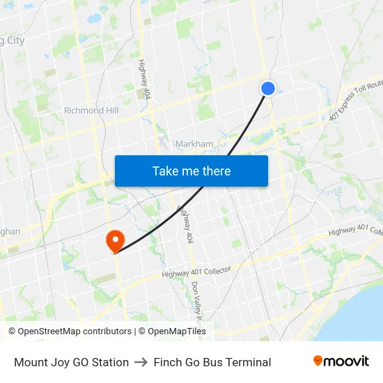 Mount Joy GO Station to Finch Go Bus Terminal map