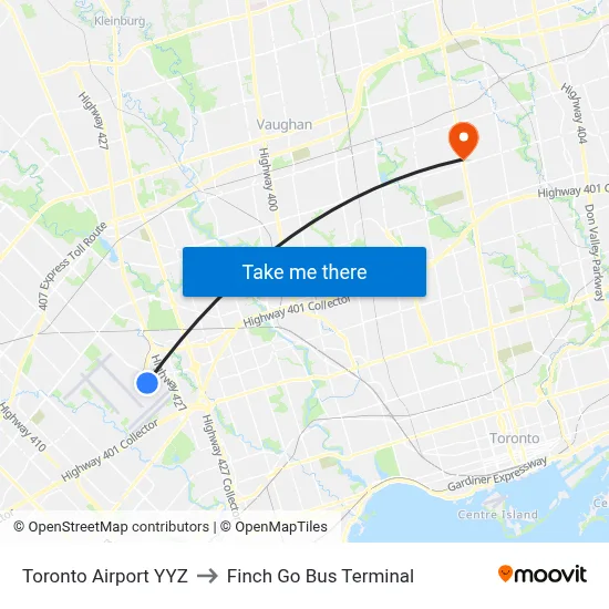 Toronto Airport YYZ to Finch Go Bus Terminal map