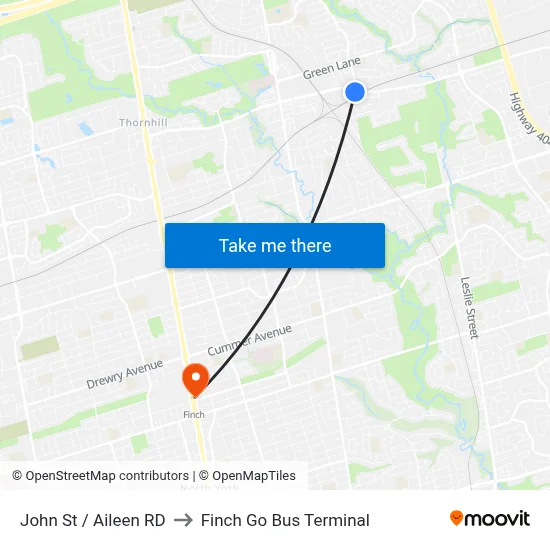 John St / Aileen RD to Finch Go Bus Terminal map
