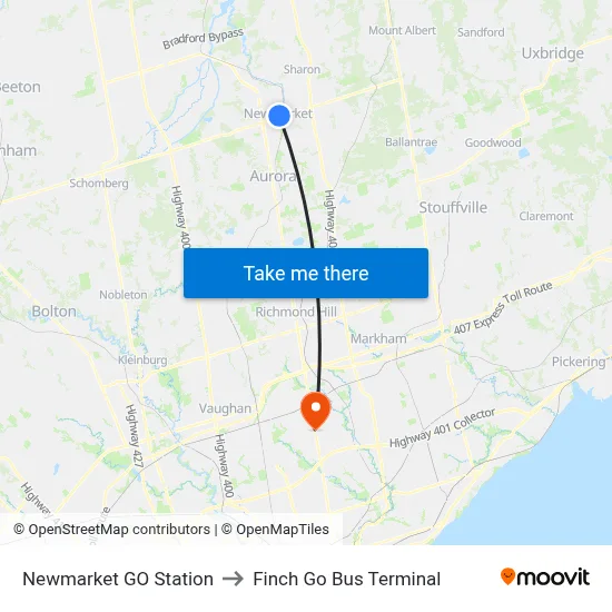 Newmarket GO Station to Finch Go Bus Terminal map