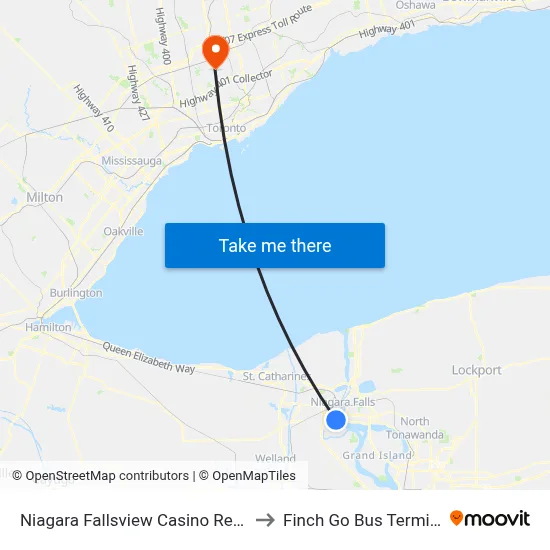 Niagara Fallsview Casino Resort to Finch Go Bus Terminal map