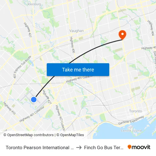 Toronto Pearson International Airport to Finch Go Bus Terminal map