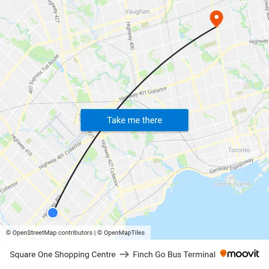 Square One Shopping Centre to Finch Go Bus Terminal map