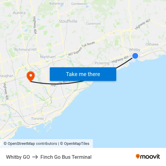 Whitby GO to Finch Go Bus Terminal map