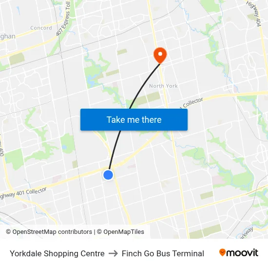 Yorkdale Shopping Centre to Finch Go Bus Terminal map