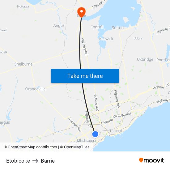 Etobicoke to Barrie map