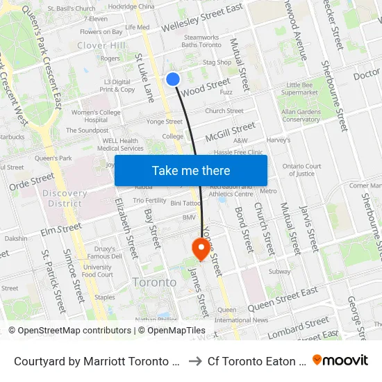 Courtyard by Marriott Toronto Downtown to Cf Toronto Eaton Centre map