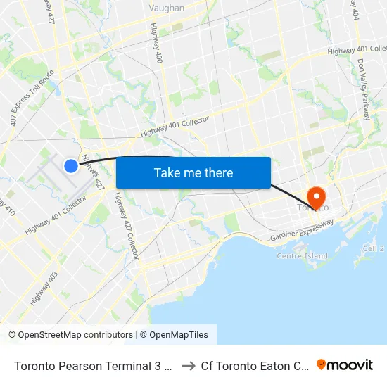 Toronto Pearson Terminal 3 Station to Cf Toronto Eaton Centre map
