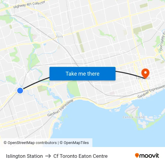 Islington Station to Cf Toronto Eaton Centre map