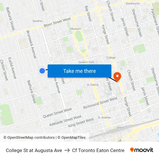 College St at Augusta Ave to Cf Toronto Eaton Centre map