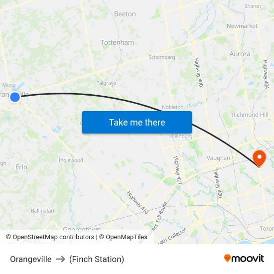 Orangeville to (Finch Station) map