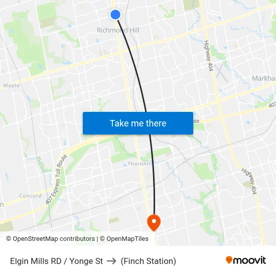 Elgin Mills RD / Yonge St to (Finch Station) map
