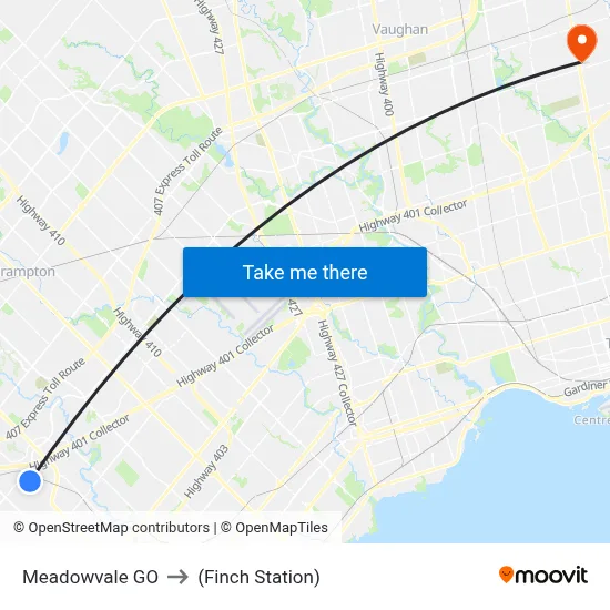 Meadowvale GO to (Finch Station) map