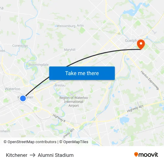 Kitchener to Alumni Stadium map