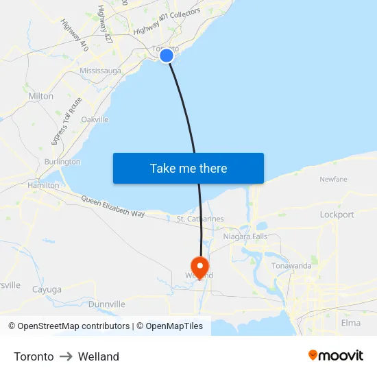 Toronto to Welland map