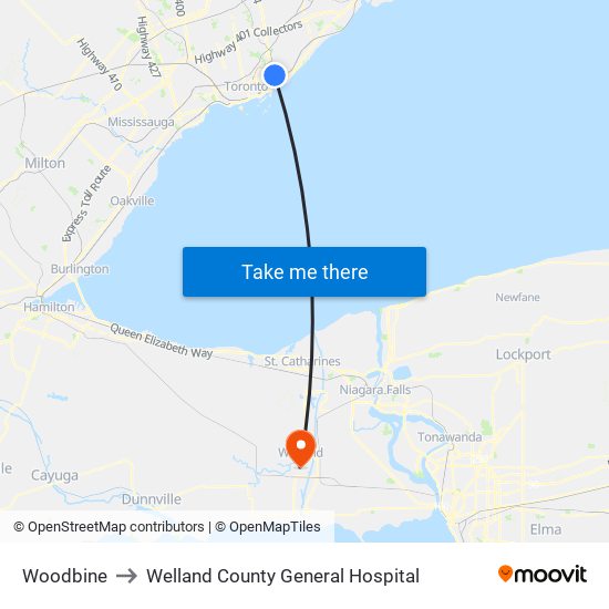 Woodbine to Welland County General Hospital map