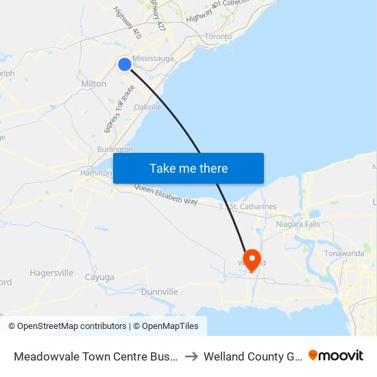 Meadowvale Town Centre Bus Terminal Platform H, I, J to Welland County General Hospital map