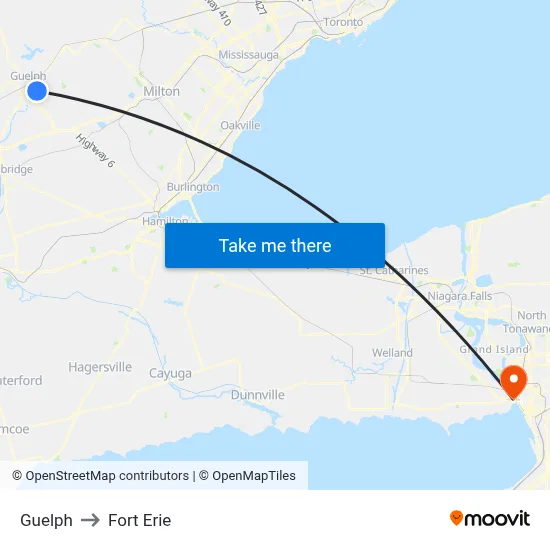 Guelph to Fort Erie map