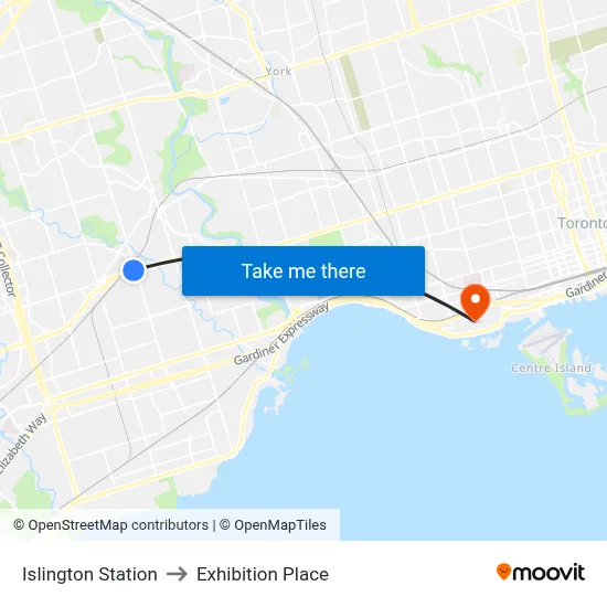 Islington Station to Exhibition Place map