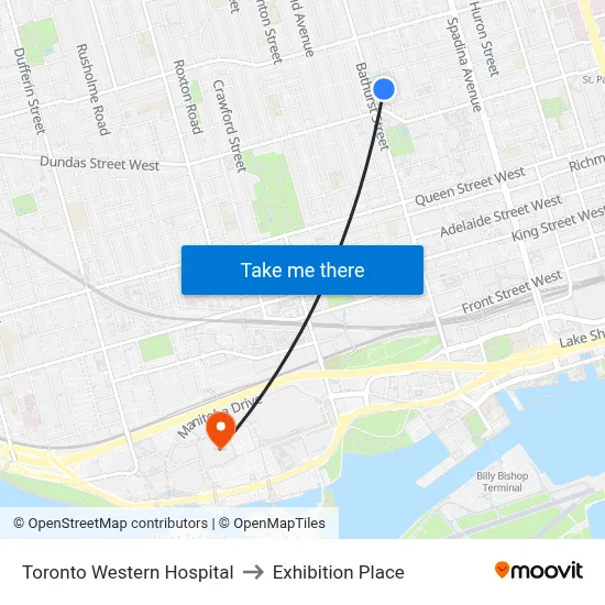Toronto Western Hospital to Exhibition Place map
