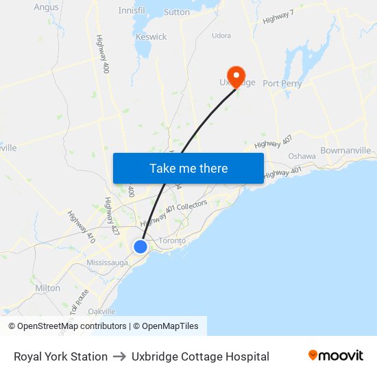 Royal York Station to Uxbridge Cottage Hospital map