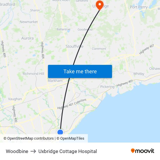 Woodbine to Uxbridge Cottage Hospital map