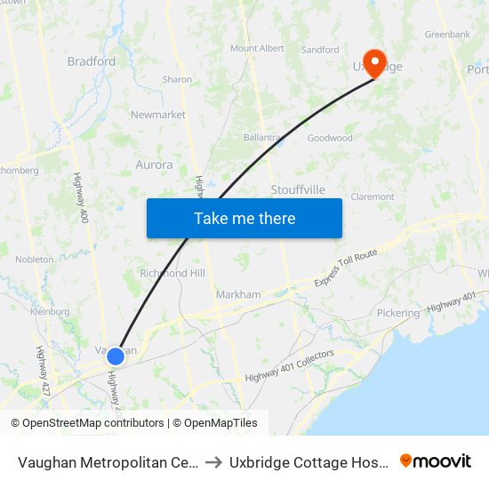 Vaughan Metropolitan Centre to Uxbridge Cottage Hospital map