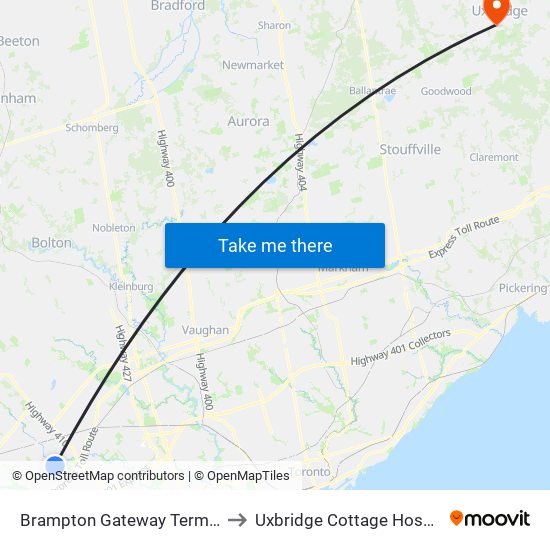 Brampton Gateway Terminal to Uxbridge Cottage Hospital map