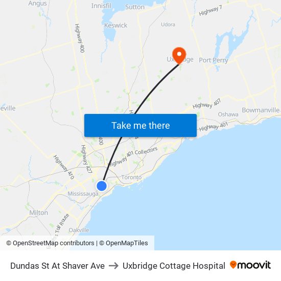 Dundas St At Shaver Ave to Uxbridge Cottage Hospital map