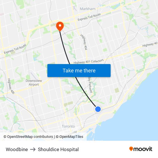 Woodbine to Shouldice Hospital map