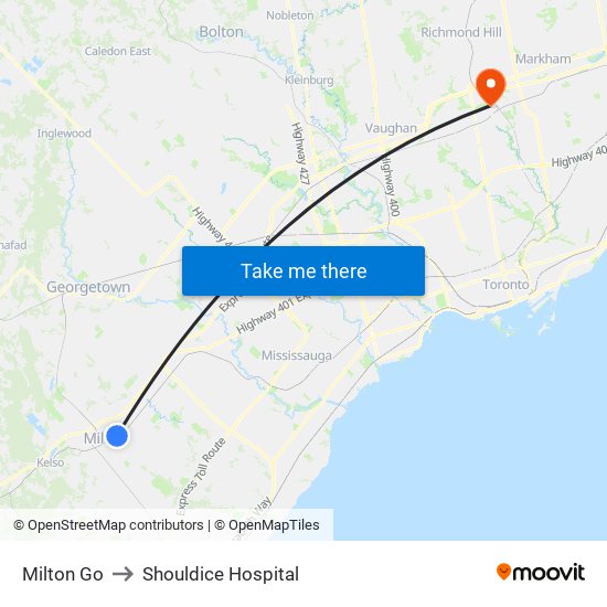 Milton Go to Shouldice Hospital map