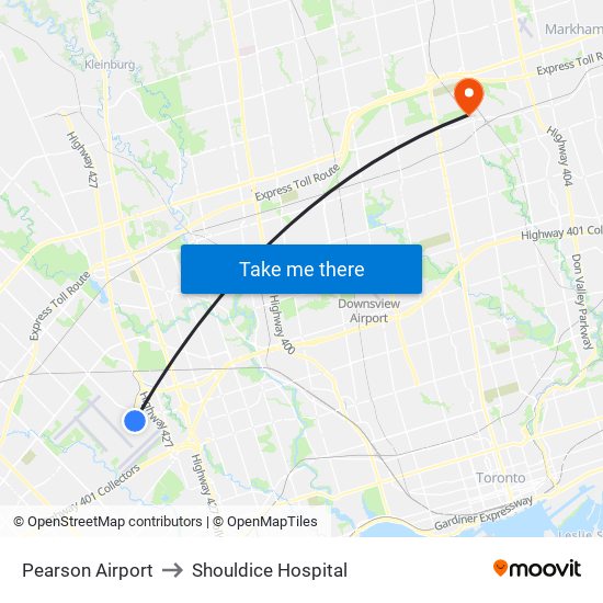 Pearson Airport to Shouldice Hospital map
