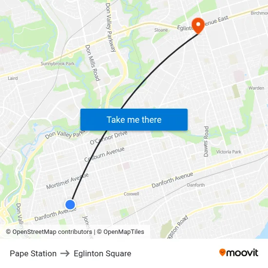 Pape Station to Eglinton Square map